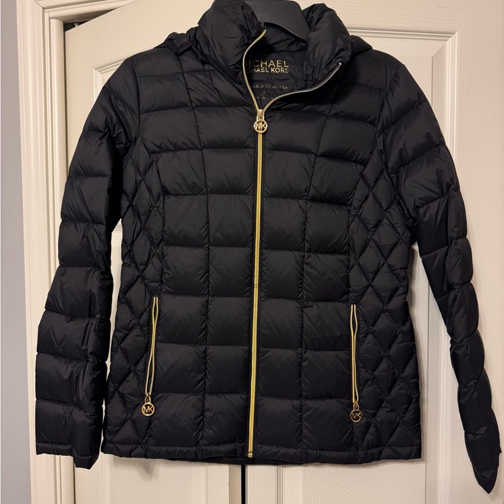 Michael Kors Women's Black Quilted Puffer Jacket with Gold Accents